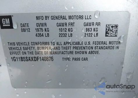 2013 Chevrolet Malibu 1Ls из США, поврежденный, VIN 1G11B5SAXDF140876